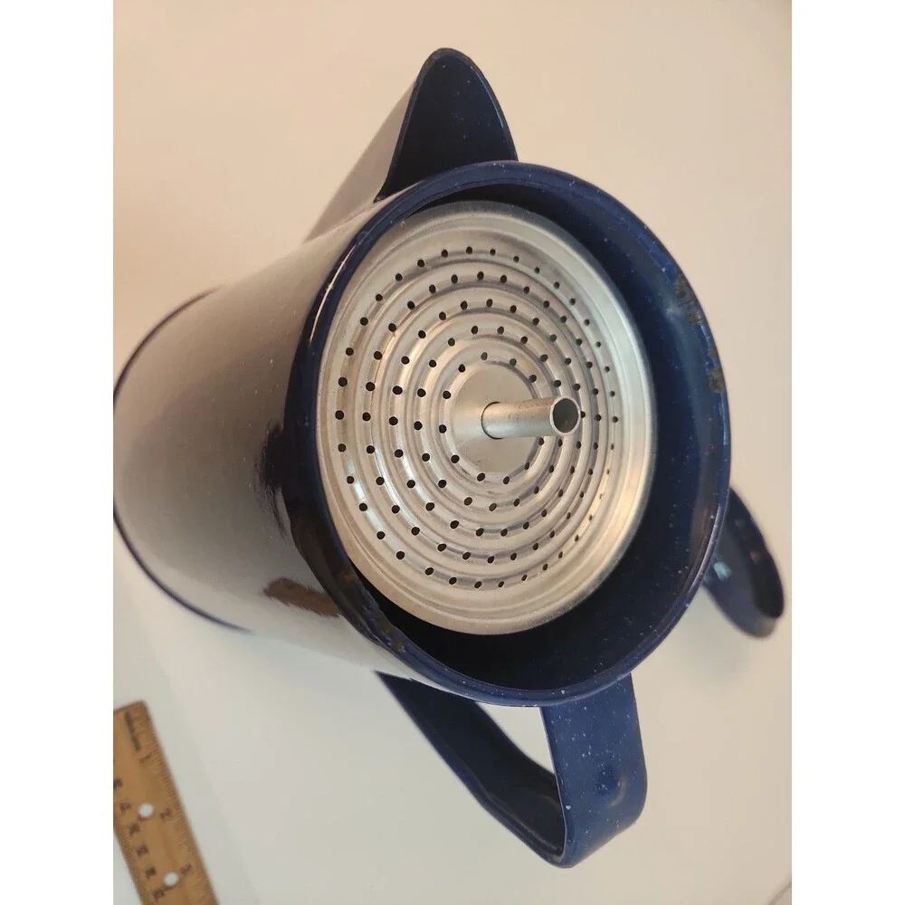 Enamel Coffee Pot Perculator 8 Cup Camp Coffee Pot Blue Speckled Enamel insert